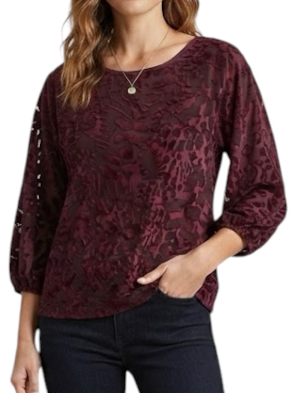 Club Monaco Silk Blend Semi Sheer Printed Blouse Burgundy Brown M